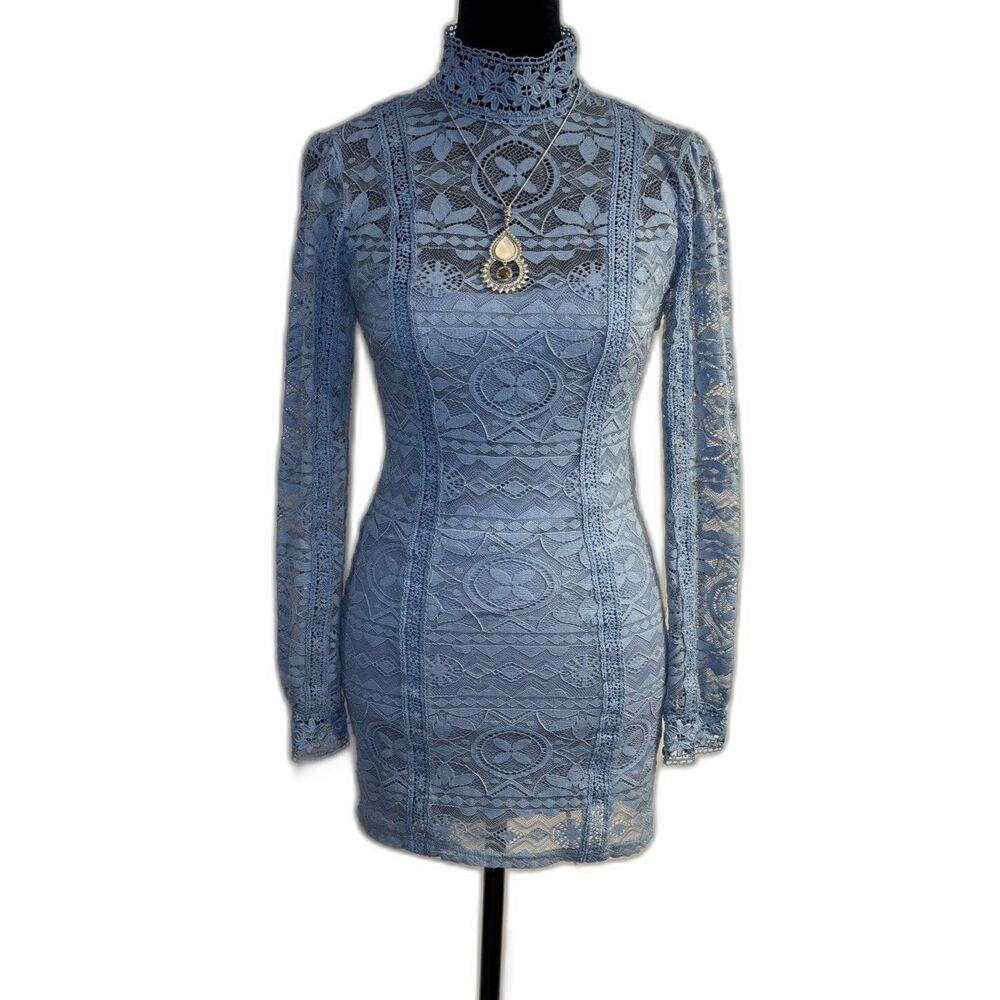 Bebe Lace Mock Neck Mini Dress — Long Sleeves, Fitted Scalloped Style
